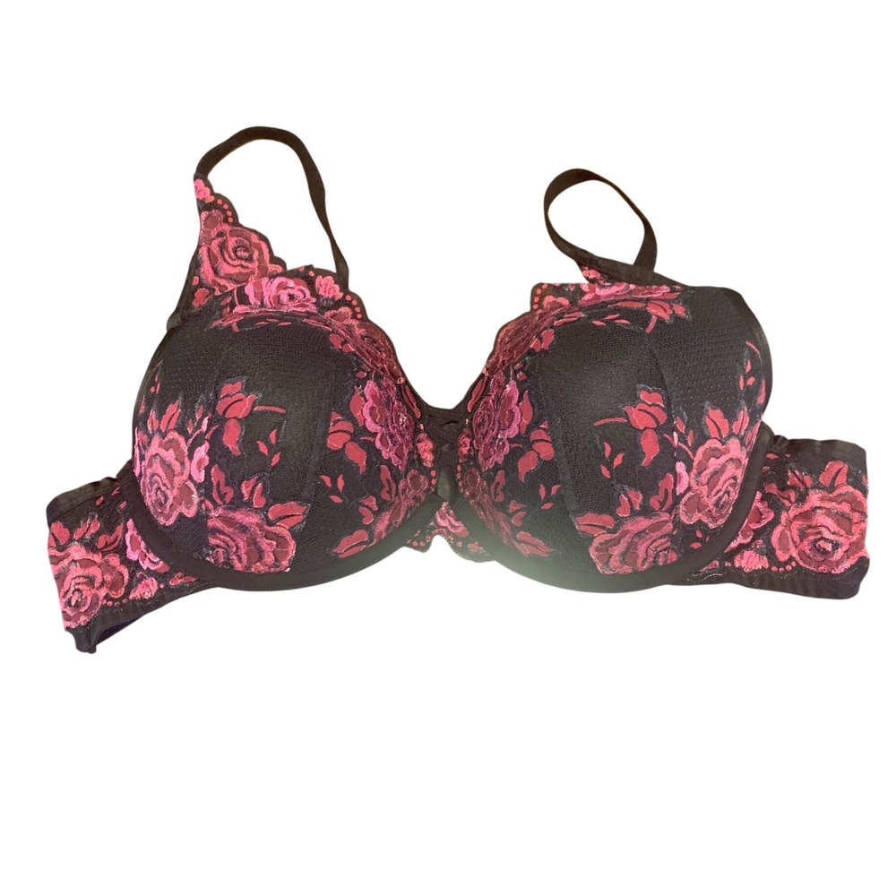 Torrid Black Pink Floral Rose Lace Push Up Underwire Bra 44C Plus Size Lingerie